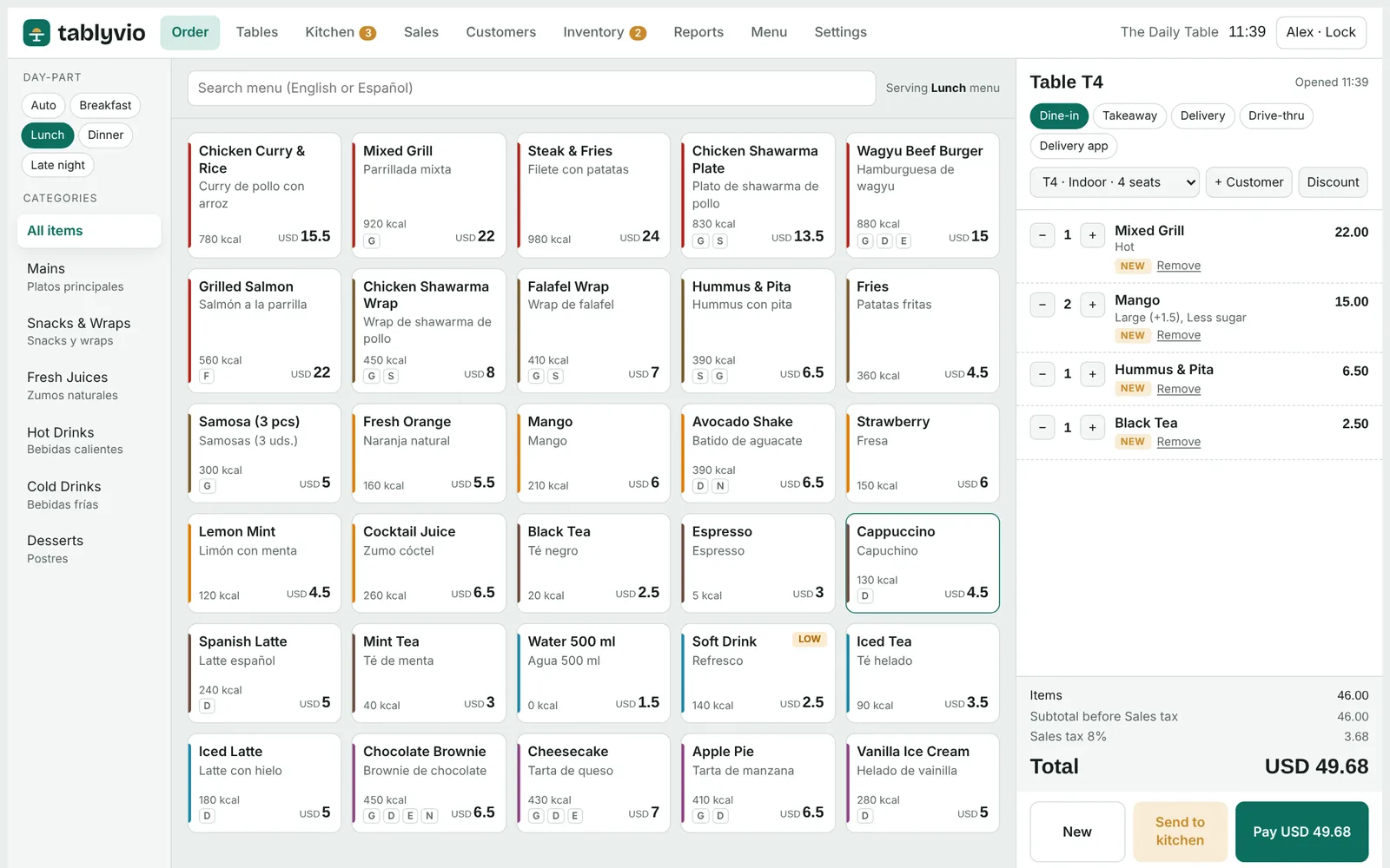 Tablyvio order screen with a lunch menu and an open check for table T4